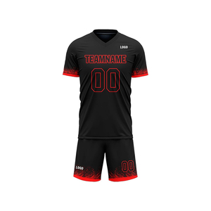 Ensemble de maillots de football pour hommes avec logo personnalisé, imprimé par transfert thermique, noir et rouge, uniforme d'équipe, anti-bactérien, manches courtes, col en V, séchage rapide - Product Image 2