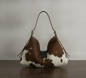 Cowhide Leather Bag Oval Shape Shoulder Strap Zipper Closure Lightweight Durable Eco-Friendly Brown White Unisex - Product Image 4