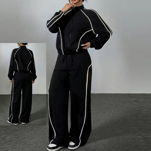 Custom <b>Women</b> Loose Fit Tracksuit Cropped Zip Windbreaker <b>Jacket</b> and Wide Leg Pant Streetwear Activewear <b>Lightweight</b> Tracksuit - Product Image 1