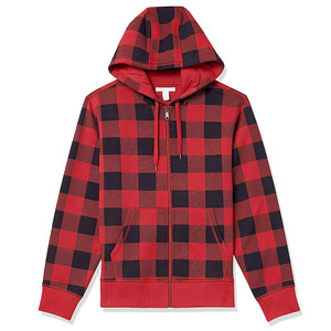 Men's Red Black Plaid Hooded Zip-Up Sweatshirt Regular Fit Casual <b>Flannel</b> Jacket Autumn Wear - Product Image 1