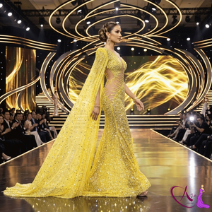 Vestido de noche largo hasta el suelo con lentejuelas y adornos dorados hechos a mano por diseñador, con un solo hombro descubierto. |   Vestido Ajustado Transparente para Fiesta o Boda para Mujer - Product Image 1