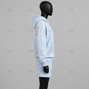 Conjunto de Sudadera con Capucha y Pantalones Cortos Azul Claro con Lavado Ácido, Ecológico, con Patrón de Cruz Bordado, Chándal Casual de Dos Piezas para Invierno - Product Image 2