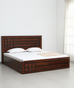 Luxury Modern Teak Wood Bed Frame with Geometric <b>Panel</b> <b>Headboard</b> for Contemporary Bedroom Furniture - Product Image 1