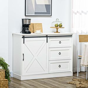 White Farmhouse <b>Kitchen</b> <b>Sideboard</b> Wood Buffet Cabinet with 3 Storage Drawers and Sliding Barn Door for Villa Dining Room - Product Image 2