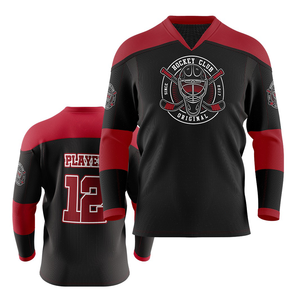 Maillot de hockey sur glace personnalisé sublimé pour homme, noir et rouge, manches longues, col en V, maille respirante, vêtements d'équipe, taille adulte - Product Image 1