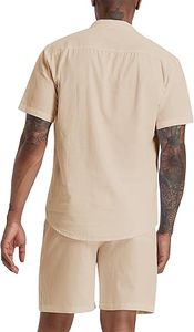 Conjunto de camisa Henley y pantalones cortos de lino y algodón para hombre, 2 piezas, ropa de playa, traje a juego para vacaciones, ropa de verano - Product Image 3