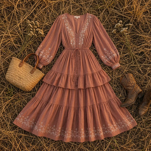 <b>Boho</b> Chiffon Tiered <b>Dress</b> Women Polyester Woven Breathable Anti-Pilling Lightweight <b>Summer</b> Maxi <b>Dress</b> - Product Image 6