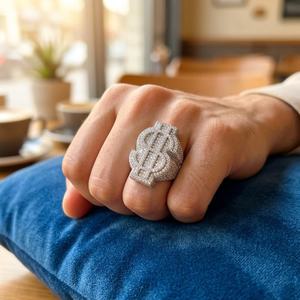 Dollar Sign VVS Fully Iced Moissanite Hip Hop Style <b>Ring</b> For <b>Men</b> 925 <b>Silver</b> Customizable Rapper Party Jewelry Charms - Product Image 1