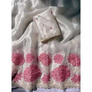 Sari de Noche de Diseñador con Apliques de Seda Oris Pura Blanca de Elite Weaves, 490 g - Product Image 3