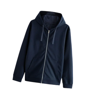 Unisex <b>Navy</b> <b>Blue</b> <b>Fleece</b> Hooded Zipper <b>Jacket</b> Casual Autumn Wear Regular Fit Solid Color Pockets Knitted Polyester Material - Product Image 6