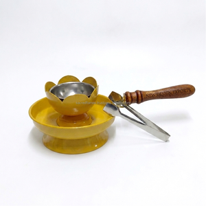 Quemador de incienso de metal Lotus al por mayor con mango de madera, quemador de Bakhoor amarillo, soporte para carbón y resina, juego de pinzas, a granel - Product Image 3