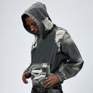 Nueva Llegada: Sudadera con Capucha de Mezclilla para Hombre, Estilo Casual con Puños Acanalados y Efecto Desgastado - Product Image 1