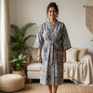 Bata Kimono de Algodón Gris con Estampado Floral para Mujer, Manga Larga, Cuello en V, Ropa de Estar por Casa, Bata de Baño Larga con Cinturón - Product Image 6