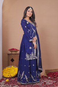 Traje Anarkali de algodón azul real con bordado plateado para mujer, ropa de boda, vestido tradicional indio largo hasta el suelo. - Product Image 2