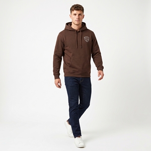 Men's Brown <b>Hooded</b> <b>Fleece</b> Sweatshirt With Front Pocket And Logo Print Casual Wear Autumn Style Regular Fit - Product Image 6