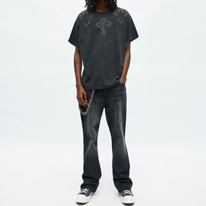 Customized High Quality Men's Acid Wash Denim <b>Rhinestone</b> T-Shirts Streetwear Retro Boxy Cozy Vintage Luxury <b>Tops</b> 100% Cotton - Product Image 3