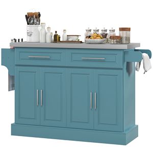 Isola da Cucina Portatile Blu Teal in Rovere con 2 Cassetti, Porta Spezie, Portasciugamani, Carrello Mobile con Ruote Nascoste per Sala da Pranzo Domestica - Product Image 1