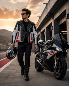 Premium Unisex PU Leather Moto <b>Jacket</b> Black White Red Color Block <b>Quilted</b> Shoulder Zipper Pockets Custom Fashion Outerwear - Product Image 6