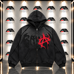 Custom <b>Men</b>’s Oversized Acid Wash <b>Black</b> Zip-Up Hoodie Graphic Gothic Streetwear Sweatshirt - Product Image 1
