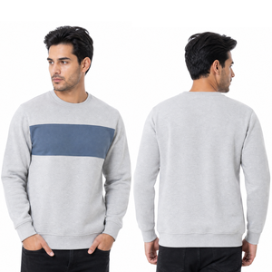 Custom <b>Men's</b> Light <b>Grey</b> Heather & Steel Blue Chest Stripe Color Block Crewneck <b>Sweatshirt</b> Pullover - Product Image 3