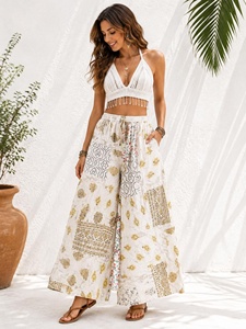 Bohemian Style Yellow Patchwork Cotton <b>Harem</b> Pants Women Full Length Regular Fit High Elastic Waist Wide Leg Breathable Pants - Product Image 2