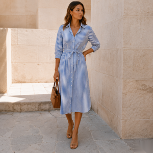 Striped Shirt Dress With Tie Waist <b>Three</b> Quarter Sleeve Midi Length Casual Summer Wear Woven Cotton Fabric - Product Image 1