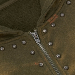 Sudadera con capucha y cremallera para mujer, personalizada, de corte holgado y sobredimensionado, con hombros caídos, efecto desgastado, lavado ácido, con insignia de bordado 3D y pedrería frontal - Product Image 5
