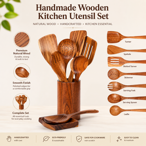 Juego de Utensilios de Cocina de Madera Hechos a Mano de Primera Calidad |   Cuchara de Cocina, Espátula, Cucharón, Utensilios para Servir con Soporte, Madera de Acacia Natural para Exportación - Product Image 5