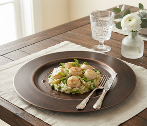 Assiette de présentation décorative en cuivre vieilli filé, en métal, pour service alimentaire, usage hôtelier, cuisine et traiteur - Product Image 2