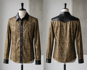 Camisa Premium Estilo Occidental con Estampado de Serpiente Metálica para Hombre |   Camisa de Moda con Botones a Presión y Manga Larga |   Servicio de OEM y ODM Personalizado Disponible - Product Image 4