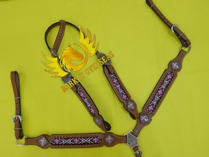 Ensemble d'accessoires de selle western saisonnier léger en cuir véritable perlé coloré pour chevaux, comprenant la têtière et la selle de poitrine - Product Image 2