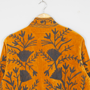 Women Velvet Embroidered <b>Jacket</b> Mandarin Collar Lantern Sleeve Floral Boho Style Autumn Coat Handmade Suzani <b>Pattern</b> - Product Image 5