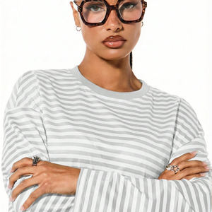 T-shirt rayé pour femme, style hip-hop, tissé, léger, à manches longues, coupe ample, 100 % coton, respirant et écologique, idéal pour l'été - Product Image 3