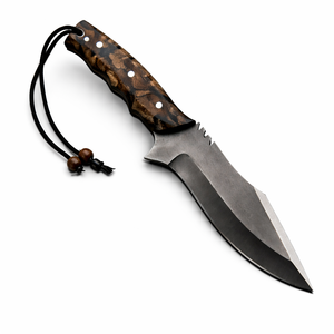 Cuchillo de caza y camping hecho a mano, hoja de acero de Damasco, punta de caída, filo recto, 4 mm de grosor, mango de madera, funda de cuero - Product Image 1