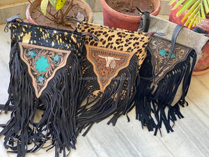 Nouveau personnalisé à la main en cuir repoussé Western femmes sac à main bandoulière cheveux sur peau de vache imprimé Animal frange sac à main Buck point sac à main - Product Image 3