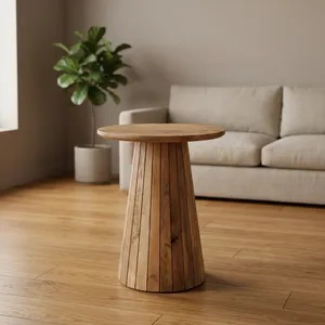 Table d'appoint moderne en bois de manguier avec base en piédestal cannelé, table d'appoint ronde faite à la main pour la décoration du salon et de la chambre - Product Image 5