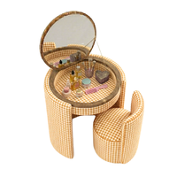 Ensemble de coiffeuse et chaise de luxe moderne rose avec miroir, bureau de coiffeuse rond rembourré et chaises en bois de chêne – Fournisseur