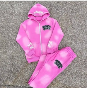 Conjunto de Chándal de Algodón 100% con Lavado Ácido, Estampado Puff y Lavado por Pulverización, Estilo Urbano, que incluye Pantalones de Chándal Acampanados y Sudadera con Capucha de Cremallera Completa - Product Image 2