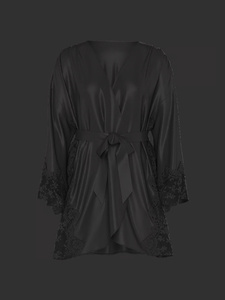 Women's <b>Black</b> Satin <b>Wrap</b> Robe Full Sleeve V-Neck Short Dress Elegant Sleepwear - Product Image 5