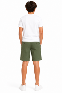 Shorts chino décontractés vert olive pour garçons, taille mi-haute, mélange de coton, shorts d'été confortables, coupe régulière, longueur genou, pour tous les jours - Product Image 3
