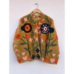 Chaqueta de Algodón con Bordado Floral Hecho a Mano, Cuello Alto, Manga Larga, Estilo Prairie Chic, Ropa Exterior de Primavera para Mujer - Product Image 1
