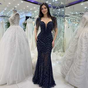 Robe de soirée sirène en satin ornée de paillettes et de perles, avec corsage corset et manches courtes, robe de créateur pour mariages et événements formels - Product Image 1