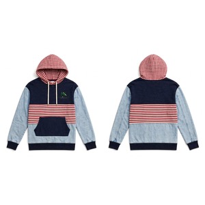NEXTEX Sweat à capuche unisexe patchwork, rayures bleu marine, rouge et blanc, en denim léger, à carreaux, color block, en molleton de coton - Product Image 5