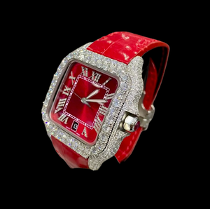 Wholesale Price Red Color Dial With Roman Numerals <b>Square</b> Moissanite Diamond Bezel Case Leather Band Fashion Unisex Fancy <b>Watch</b> - Product Image 4