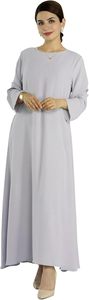 Women Light Gray Solid Color <b>Abaya</b> Long Sleeve Round Neck Floor Length Modest Dress Middle East Style Lightweight Polyester - Product Image 3