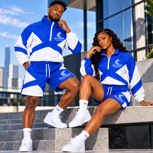 Conjunto Deportivo Unisex Azul y Blanco con Estampado Geométrico, Chaqueta con Cierre de Cremallera, Pantalones Cortos de Secado Rápido para Primavera - Product Image 6