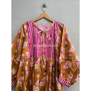 Robe midi pour femme de style bohème avec panneau à rayures contrastées, manches bouffantes, coupe ample en A, en coton, robe décontractée d'été - Product Image 4