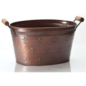 Antique Copper Finished Oval Beverage Tub With Embossed Fleur de Lis Pattern and Sturdy Wooden Handles Large Galvanized <b>Wine</b> Tub - Product Image 1