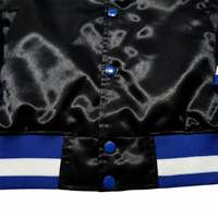 Blouson Bomber Satiné Noir Brillant pour Homme, Col Côtelé Noir Bleu Blanc, Boutons Pression, Style Baseball Letterman Streetwear Personnalisé