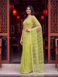 Sari ethnique vert en filet pour femme Pryosha Enterprise, broderie de perles, pour fêtes/mariages, avec chemisier, longueur standard - Product Image 4